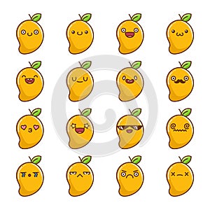 Set of fun kawaii tropical mango fruit icon cartoons