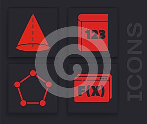 Set Function mathematical symbol, Geometric figure Cone, Book with word mathematics and Geometric figure Pentagonal