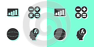 Set Function mathematical symbol, Laptop with graph chart, Geometric figure Sphere and Calculator icon. Vector