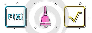 Set Function mathematical symbol, Ringing bell and Square root icon. Vector