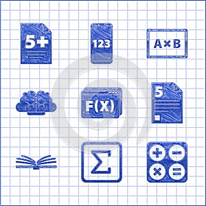Set Function mathematical symbol, Sigma, Calculator, Test exam sheet, Open book, Human brain, Chalkboard and icon