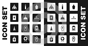 Set Funeral urn, Church tower, Holy bible book, building, Burning candle, Old crypt and icon. Vector