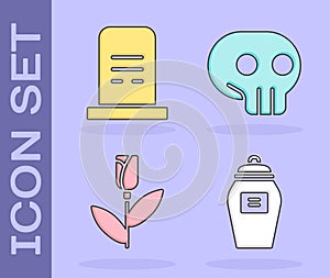 Set Funeral urn, Grave with tombstone, Flower rose and Skull icon. Vector