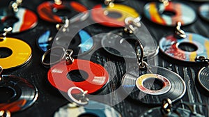 A set of funky keychains each featuring a small segment from a painted or etched vinyl record photo