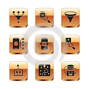 Set Funnel or filter, Artificial intelligence robot, Neural network, AI, and Processor CPU icon. Vector