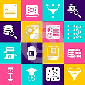 Set Funnel or filter, Binary code, Neural network, Server, Web developer programming and Computer api interface icon
