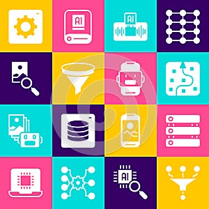 Set Funnel or filter, Server, Data, Neural network, Artificial intelligence AI, Photo retouching, Computer api interface