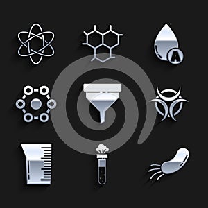 Set Funnel or filter, Test tube and flask chemical, Bacteria, Biohazard symbol, Laboratory glassware beaker, Chemical