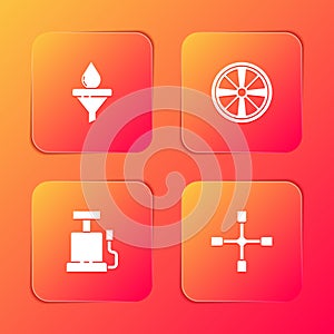Set Funnel and oil drop, Alloy wheel, Car air pump and Wheel wrench icon. Vector