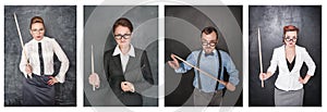 Set of funny angry teacher in eyeglasses with pointer on blackboard