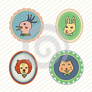 Set of Funny Animals Badges Vector Illustration.