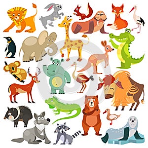 Set of funny animals, birds and reptiles from all over the world. World fauna. For alphabet. Vector