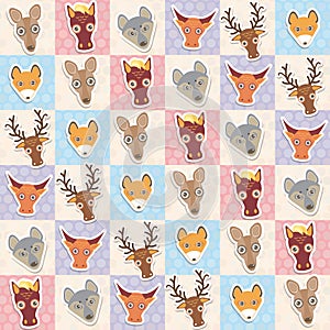 Set of funny animals muzzle cow horse wolf fox deer kangaroo seamless pattern with pink lilac blue square. Vector