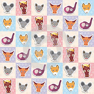 Set of funny animals muzzle horse bat cow elephant fox rat seamless pattern with pink lilac blue square. Vector