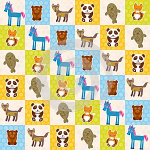 Set of funny animals panda bear wolf fox fur seal unicorn seamless pattern