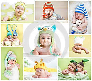 Set of funny babies or children weared in hats