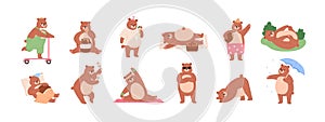 Set of funny bear characters riding scooter, eating honey and icecream, waving with paw, dancing, lying, rolling