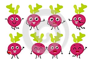 Set of funny beetroot vegetable cartoon character