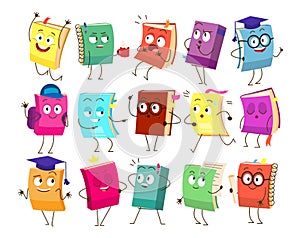 Set of funny book characters, mascots, cartoon. Childish books with smiling faces, arms and legs