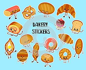 Set of funny bread, bakery characters with human faces stickers, smiling white, rye and whole grain bread, loaf, baguette,