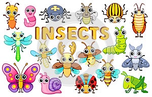 Set of funny bright insects in cartoon style