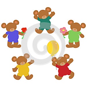 A set of funny brown teddy bears with flowers and balloons for children illustrations