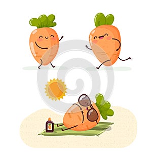 Set of funny carrot that walk, run and sunbathe