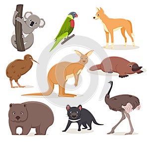 Set of funny cartoon Australian animals - emu, ostrich, koala on a branch, tasmanian devil, dingo dog, platypus, kiwi