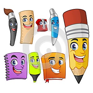 Set of Funny Cartoon Characters School Items Supplies