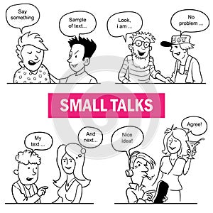 Set of Funny Cartoon Doodle People. Small Talks Situations