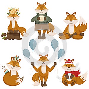 Set of funny cartoon foxes. The fox is meditating, holding balloons, drinking coffee, holding a snowball, boho style