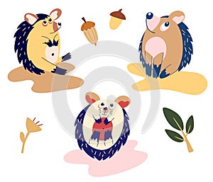 Set of funny cartoon hedgehogs. Cute hedgehogs in different poses. woodland animals for childrenâ€™s design. Cartoon flat vector