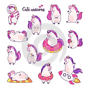 Set of funny cartoon magic unicorns. Patch, badge sticker. Collection of icons, pattern for clothes, t-shirts, print