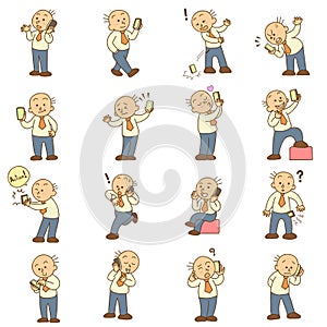 Set of funny cartoon man and mobile phone