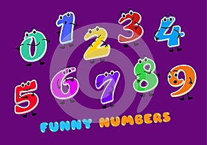 Set of funny cartoon numbers Characters. kids figures one, two, three, four, five, six, seven, eight, nine, zero.