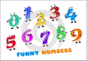 Set of funny cartoon numbers Characters. kids figures one, two, three, four, five, six, seven, eight, nine, zero.