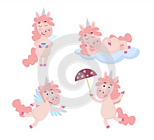 Set of funny cartoon pink Unicorn. Happy unicorn character holding cup of tea, dreaming on the cloud, walking with