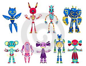 Set of funny cartoon robots. Cute retro robots. Robotic for children. Friendly android robots character. Toy characters