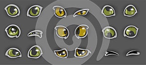 Set of funny cartoon yellow and green cat eyes isolated. Emotion eyes Vector illustration