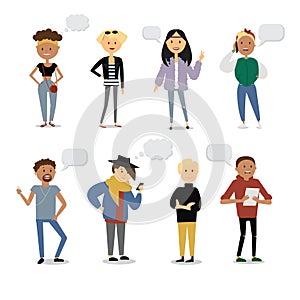 Set of funny cartoon youth characters with different shaped speech bubbles. Street casual style, modern fasion. Flat