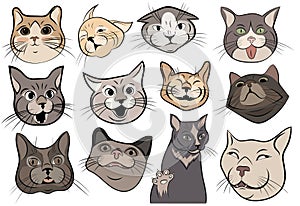 Set of funny cats. Collection of portraits of crooked cats. Cat head cartoon. Vector illustration of pets.