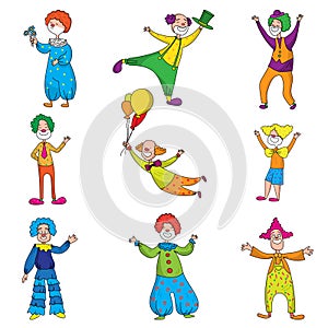 Set of funny characters clowns in beautiful colored clothes with different accessories for the circus. Clowns are having fun,