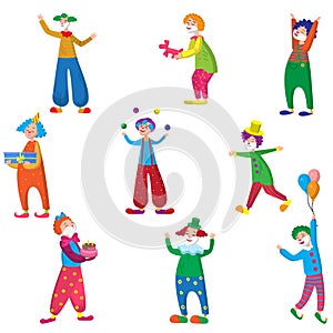 Set of funny characters clowns in beautiful colored clothes with different accessories for the circus. Clowns are having fun,