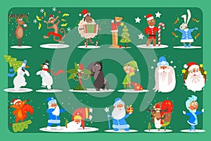 Flat vector set of funny Christmas characters deer, monkey, sheep, dog, bunny, snowmen, gorilla, elf, Santa, Snow Maiden