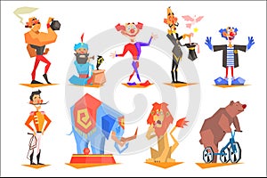 Set of funny circus characters clown, magician, acrobat, strongman, snake charmer, tamer and trained animals. Colorful