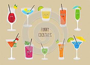 Set of funny cocktails. Colorful drinks in different glasses with straw. Vector illustration in cartoon style.