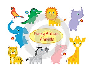 Set of funny colorful African animals isolated on white. Parrot, crocodile, lion, rhino, elephant, tiger, zebra, hippopotamus and