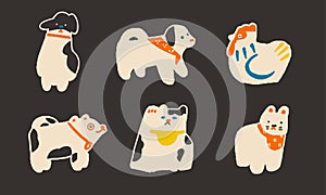 Set of funny cute japanese comic dogs, puppies, cats and roosters patches, pins and stickers.