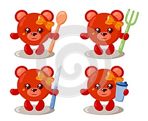 Set of funny cute kawaii bear with round body, spoon, fork, knife and cup in flat design with shadows