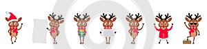 Set Funny Deers, Christmas Reindeers, Cheerful Cartoons in Santa Hats